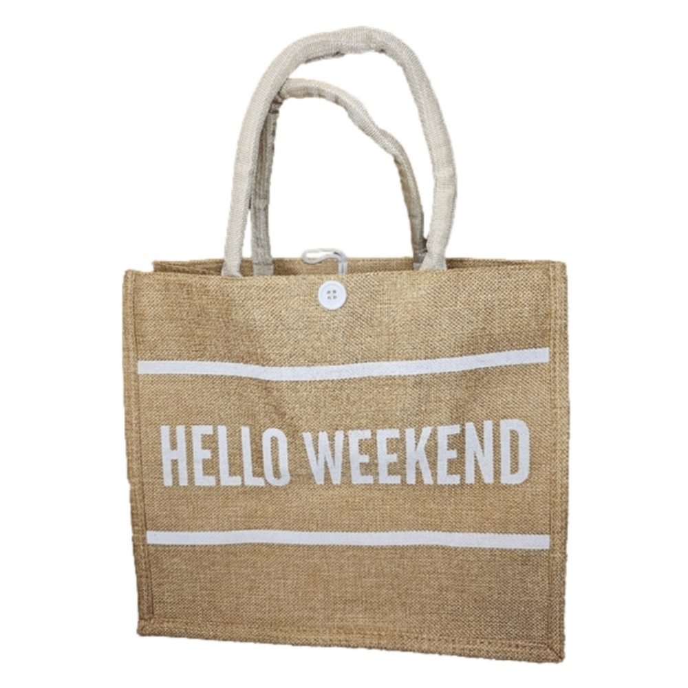Hello Weekend Burlap Tote Bag NEW